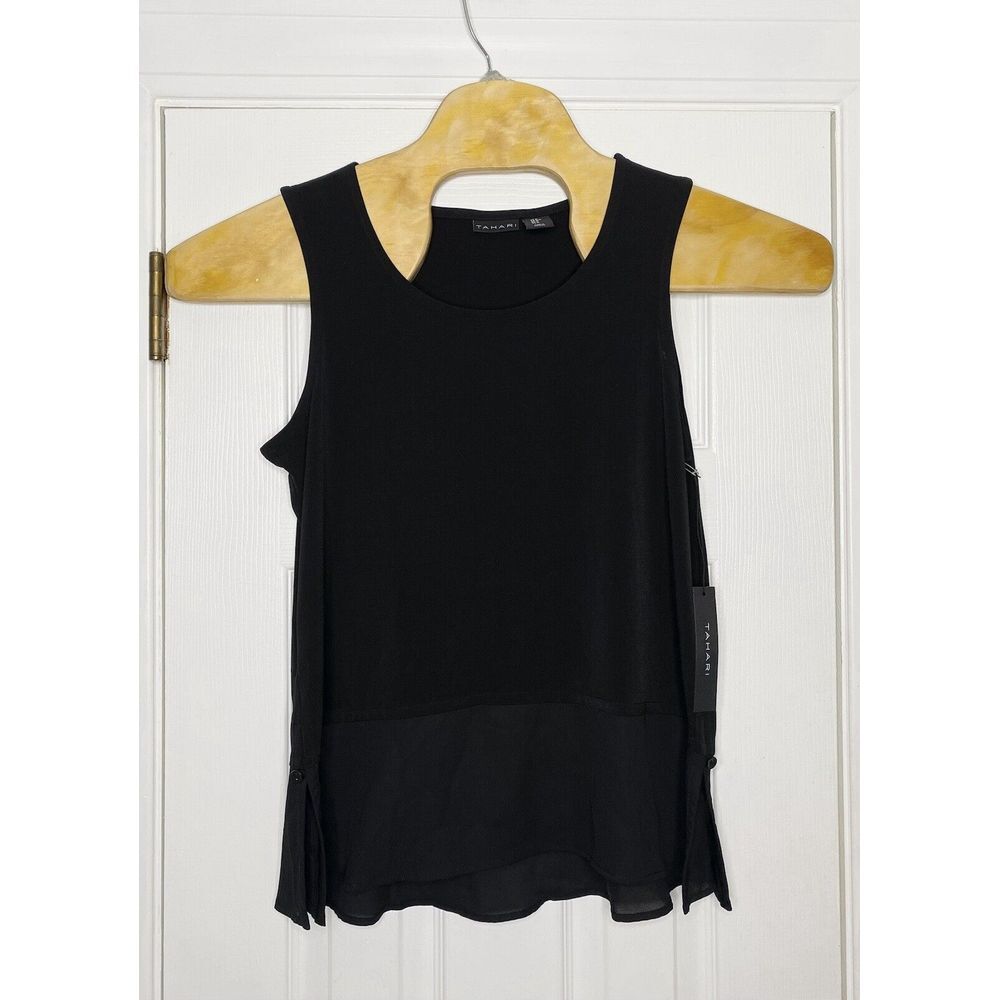 Tahari Women's Sleeveless Blouse Chiffon Bottom Black‎ Medium New